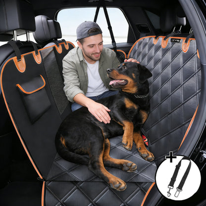 Housse de voiture ArmorPaws pour grand chien, protection de banquette imperméable noire avec bordures orange et sangle de sécurité pour le transport d'animaux.