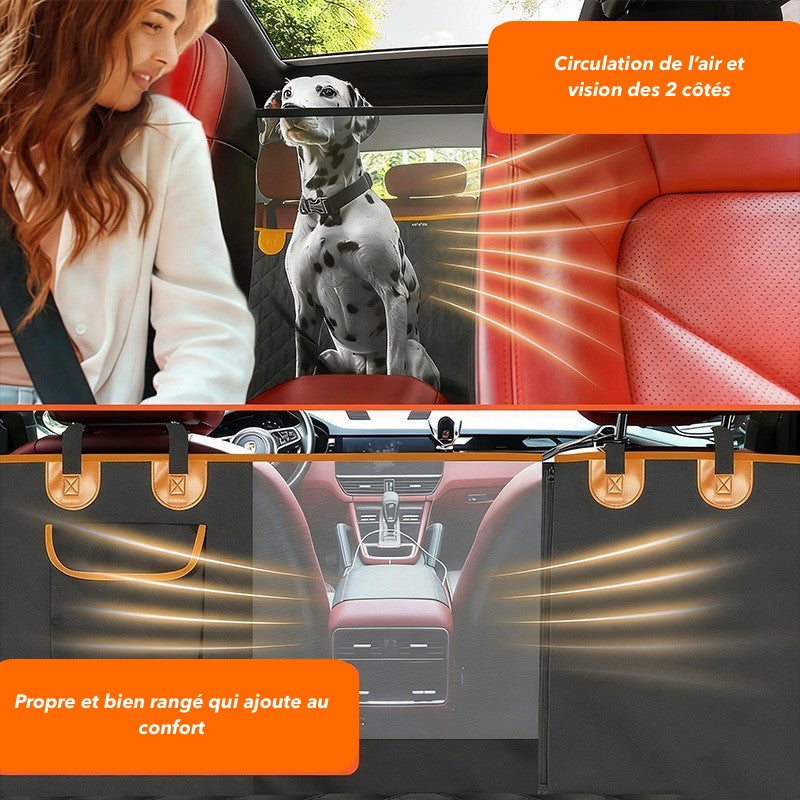 Housse de voiture pour chien avec fenêtre en filet pour la ventilation, protection de siège arrière ArmorPaws avec compartiments de rangement intégrés, noir et orange.