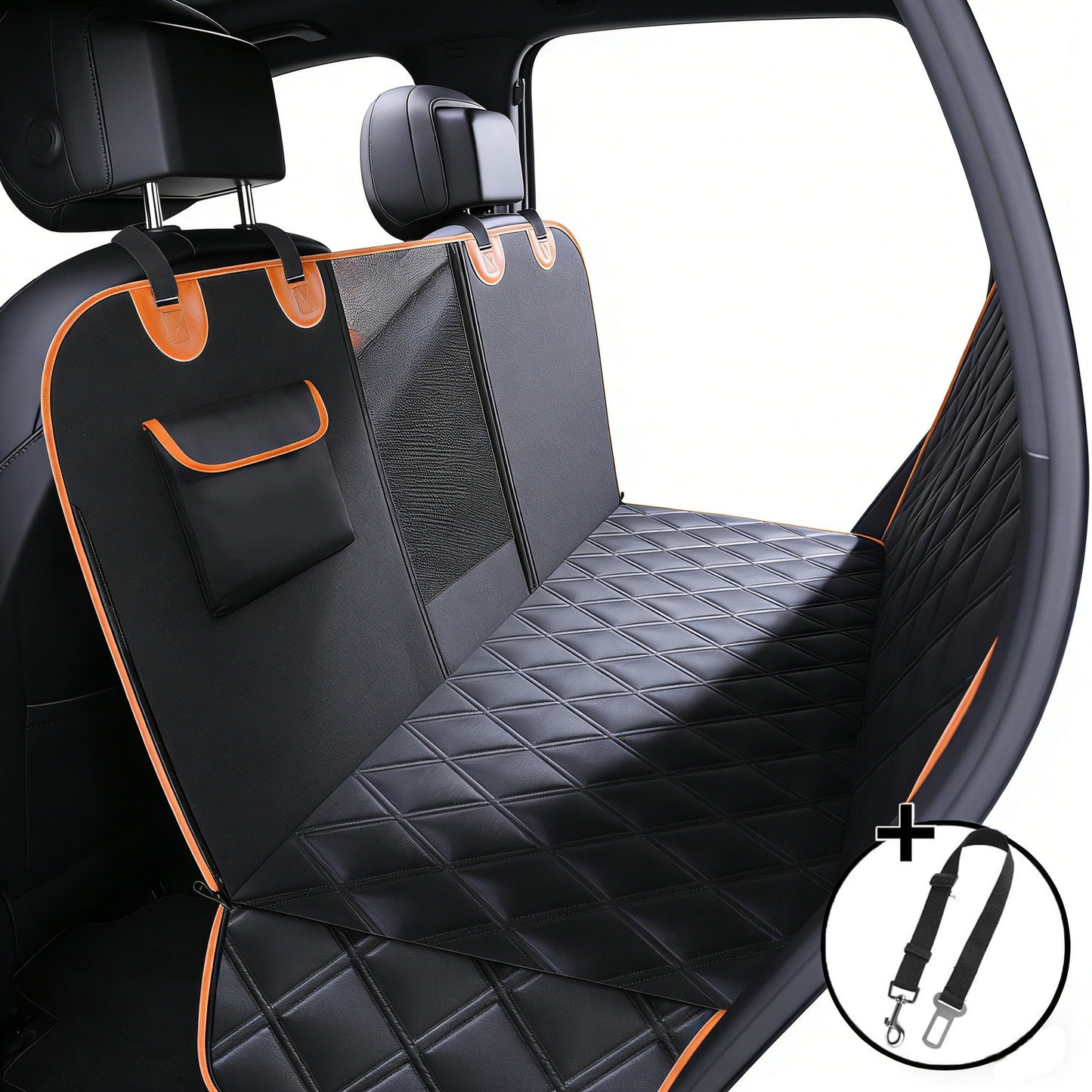 Housse de protection imperméable pour banquette arrière de voiture, modèle ArmorPaws noir et orange avec attaches appuie-tête et ceinture de sécurité pour chien incluse.