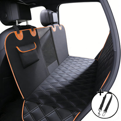 Housse de protection imperméable pour banquette arrière de voiture, modèle ArmorPaws noir et orange avec attaches appuie-tête et ceinture de sécurité pour chien incluse.