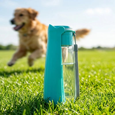 Gourde pour chien portable Hydra turquoise posée dans l'herbe avec un chien Golden Retriever qui court joyeusement en arrière-plan.
