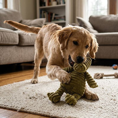 Chien Golden Retriever s'amusant avec la peluche alligator verte en velours côtelé de la collection La Peluche de Pitou.
