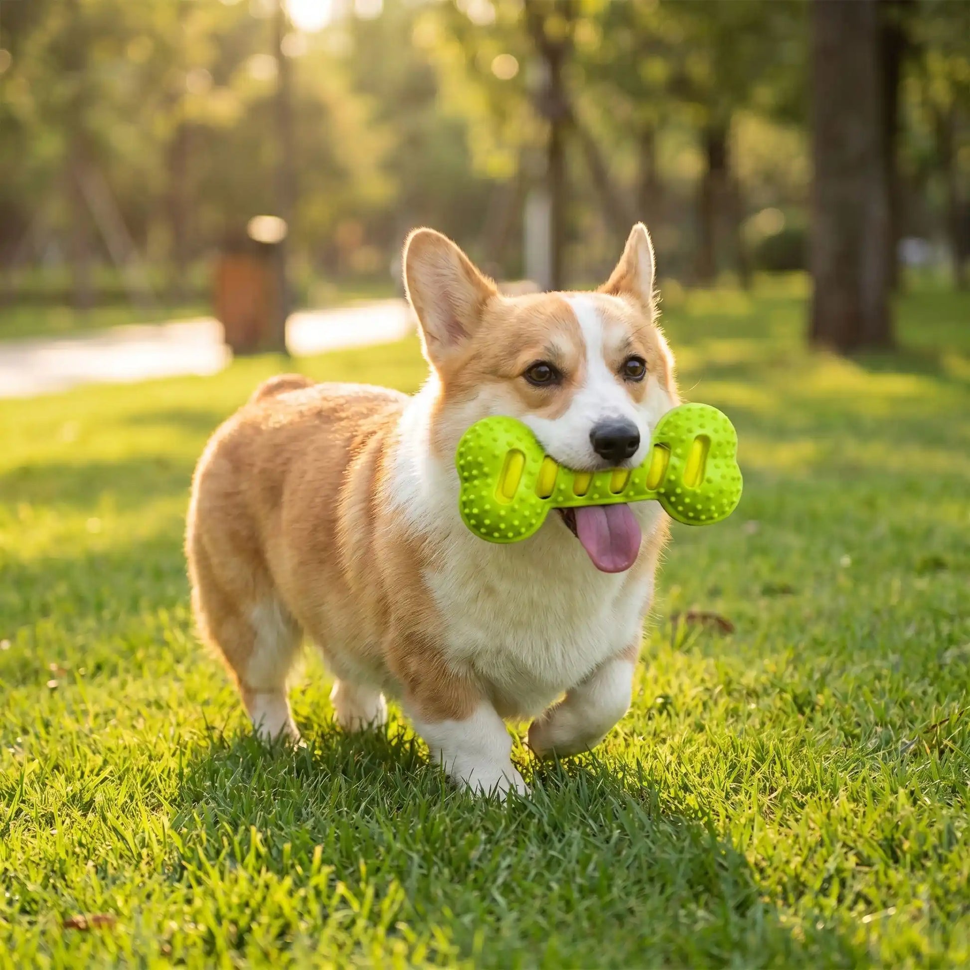 Chien Corgi joyeux courant sur l'herbe avec le jouet os à mâcher vert de Pitou et moi dans la gueule.