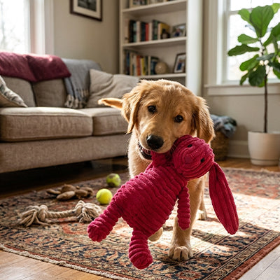 Chiot Golden Retriever tenant dans sa gueule le jouet lapin rouge rose en velours côtelé de la collection La Peluche de Pitou.