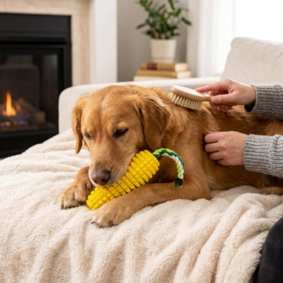 Un chien Golden Retriever couché sur un canapé confortable, mordillant le jouet épi de maïs jaune ultra-résistant de Pitou et moi pendant qu'une personne le brosse doucement.