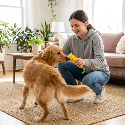 Une jeune fille souriante, accroupie sur un tapis dans un salon, présente le jouet épi de maïs jaune résistant de Pitou et moi à un chien Golden Retriever qui s'approche pour le renifler.