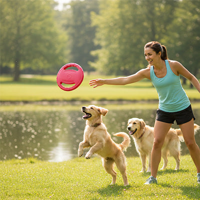 Une femme lance un frisbee rouge souple à ses deux chiens Golden Retrievers dans un parc en plein air.