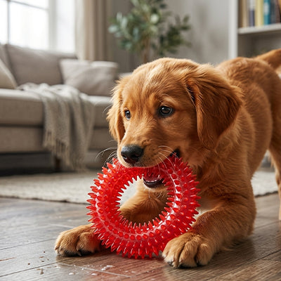 Un jeune chiot Golden Retriever couché dans un salon, s'amusant à mordiller un anneau de dentition rouge texturé Hop-Là de Pitou et moi.