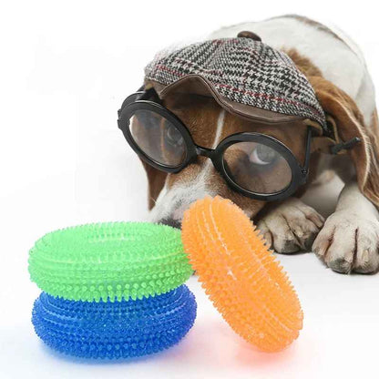 Un chien Beagle portant une casquette et des lunettes est couché devant trois anneaux de dentition texturés et colorés (vert, bleu, orange) de la marque Pitou et moi.