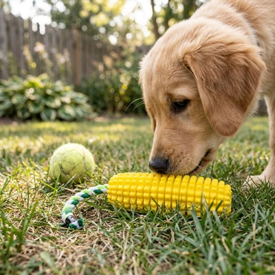 Un chiot Golden Retriever en gros plan dans un jardin, posant délicatement sa gueule sur le jouet épi de maïs jaune résistant de Pitou et moi, à côté d'une balle de tennis sur la pelouse.