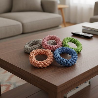 Assortiment de quatre jouets anneaux Tuggy en corde de coton tressée (couleurs gris, rose, vert et bleu) posés sur une table en bois, accessoires résistants pour chien.