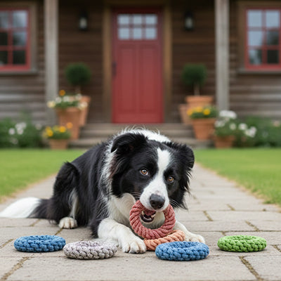Chien Border Collie mâchant un anneau Tuggy en corde rose sur une terrasse, entouré de jouets en coton tressé bleu et vert pour l'hygiène dentaire.