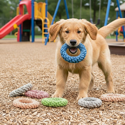 Chiot Golden Retriever jouant dans un parc avec le jouet anneau en corde tressée bleue de Pitou et moi, idéal pour l'hygiène dentaire.
