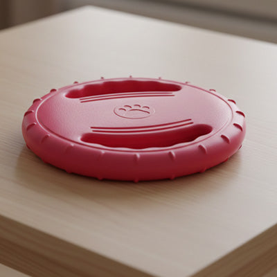 Gros plan sur le frisbee rouge et ergonomique pour chien posé sur une table en bois clair.