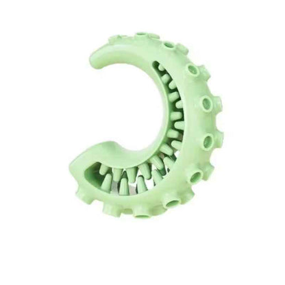 Gros plan sur le jouet pour chien Zen-Mâch en couleur vert pâle, montrant les picots nettoyants et la forme ergonomique en demi-lune pour la mastication.