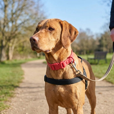 Portrait d'un chien de type Labrador marron avec son collier imperméable rouge Kieran attaché à une laisse lors d'une balade.
