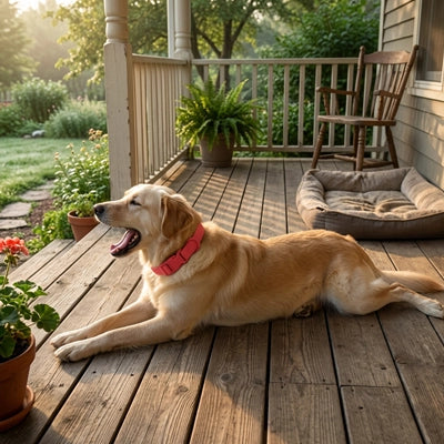 Chien de type Labrador blond allongé sur une terrasse en bois, portant le collier en PVC rouge réglable Kieran de Pitou et moi.