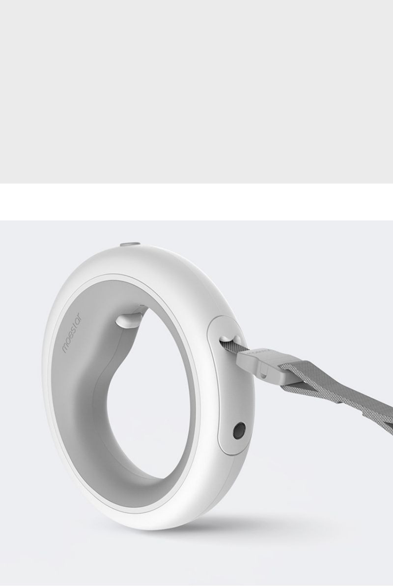 Laisse enrouleur design futuriste pour chien, accessoire de promenade mains libres blanc et gris, laisse rétractable 3m avec poignée ronde, boutique Pitou et moi