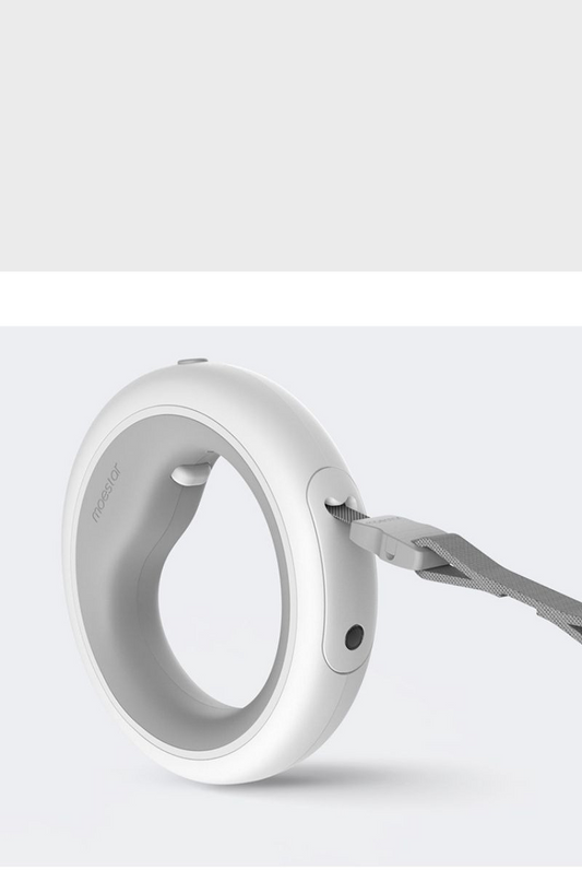 Laisse enrouleur design futuriste pour chien, accessoire de promenade mains libres blanc et gris, laisse rétractable 3m avec poignée ronde, boutique Pitou et moi