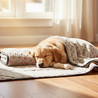 Chiot Golden Retriever couché confortablement dans la couverture pour chien La doudou en polaire grise.