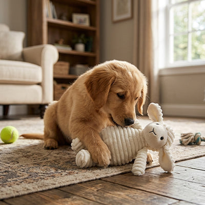 Chiot Golden Retriever allongé mordillant la peluche mouton blanc en velours côtelé de la collection La Peluche de Pitou.