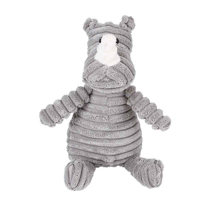 Peluche pour chien rhinocéros en velours côtelé gris, jouet résistant et sonore pour la mastication et le jeu.