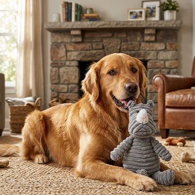 Chien Golden Retriever allongé à côté de la peluche rhinocéros gris en velours côtelé de la collection La Peluche de Pitou.