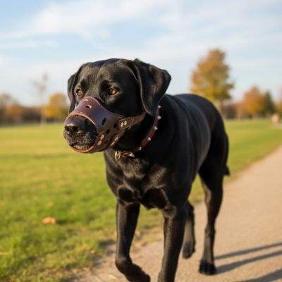 
Muselière en cuir chocolat pour Labrador et grands chiens, accessoire de sécurité confortable pour la promenade, collection Pitou et moi.