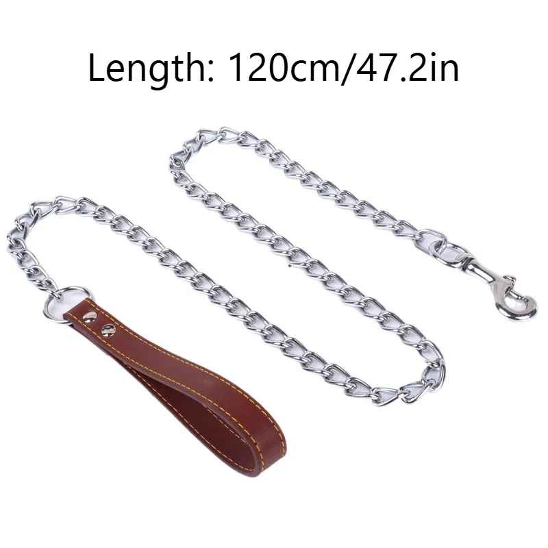Schéma des dimensions de la laisse Grand Manitou indiquant une longueur totale de 120 cm (47,2 pouces), montrant la poignée en cuir chocolat et la chaîne métallique robuste avec son mousqueton.