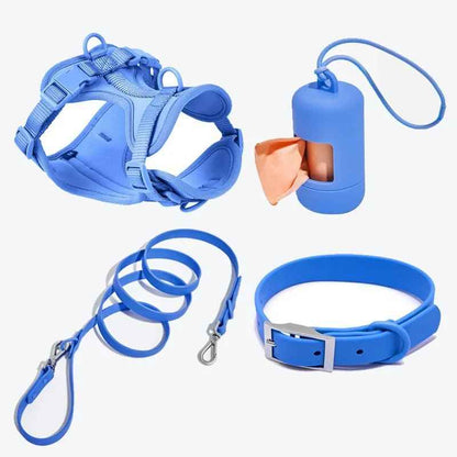 Kit complet promenade chien bleu pâle : harnais confort, laisse robuste et collier - Collection Pitou et moi.