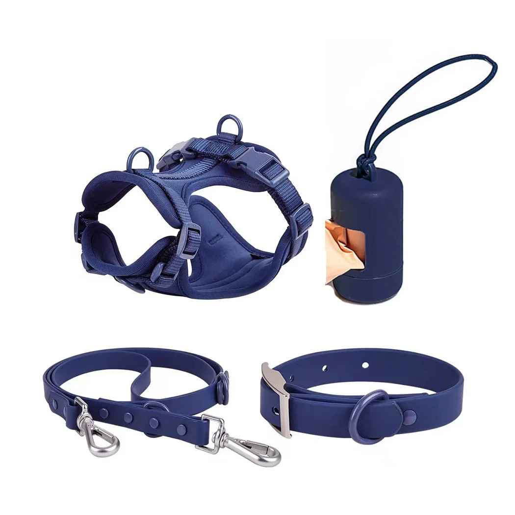 Kit complet promenade chien bleu : harnais confort, laisse robuste et collier - Collection Pitou et moi.