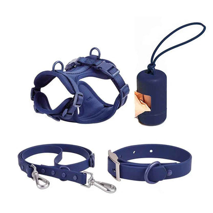 Kit complet promenade chien bleu : harnais confort, laisse robuste et collier - Collection Pitou et moi.