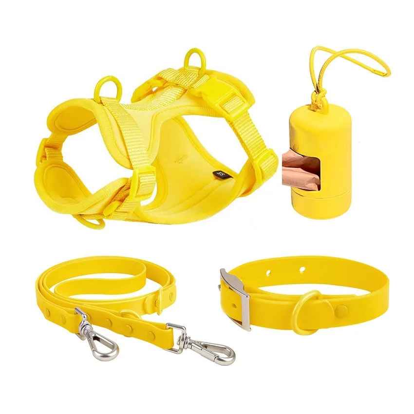 Kit complet promenade chien jaune : harnais confort, laisse robuste et collier - Collection Pitou et moi.