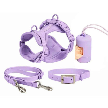 Kit complet promenade chien mauve : harnais confort, laisse robuste et collier - Collection Pitou et moi.