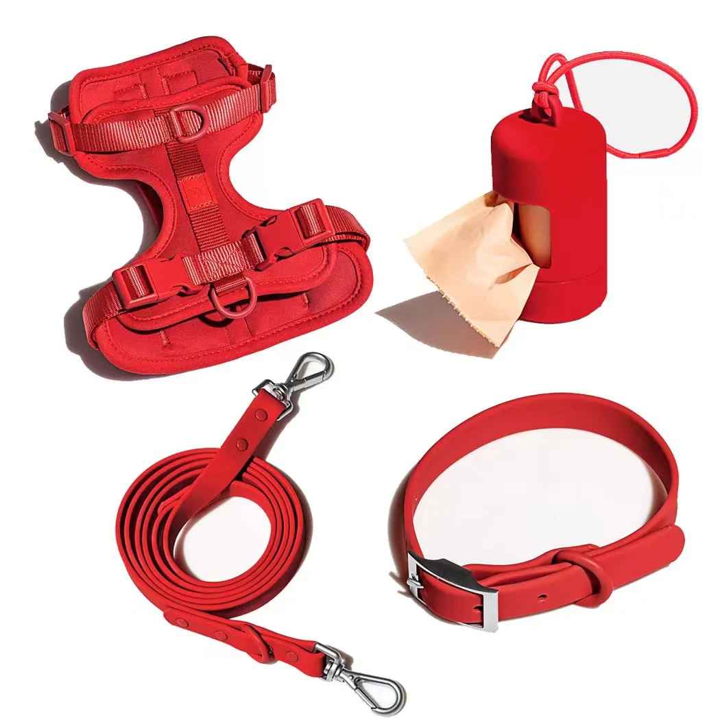 Kit complet promenade chien rouge : harnais confort, laisse robuste et collier - Collection Pitou et moi.