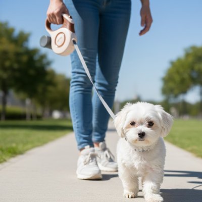 Laisse enrouleur pour chien ergonomique blanche avec ruban rétractable, équipée d'un bouton de blocage de sécurité pour la promenade.