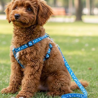Laisse et harnais pour chien Stella bleu ciel avec motifs os blancs, présentant le clip de sécurité en métal et la sangle ajustable pour petits et moyens chiens