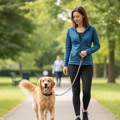 Femme promenant un Golden Retriever en extérieur avec la laisse Grand Manitou, mettant en avant la poignée en cuir véritable de couleur chocolat et la chaîne métallique robuste.