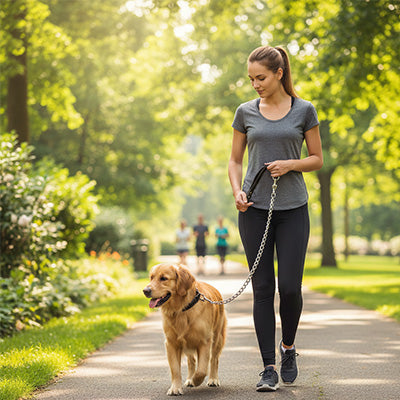 Femme en tenue de sport marchant dans un parc ensoleillé avec son Golden Retriever tenu en laisse par le modèle Grand Manitou, montrant la chaîne métallique brillante et la poignée en cuir noir.