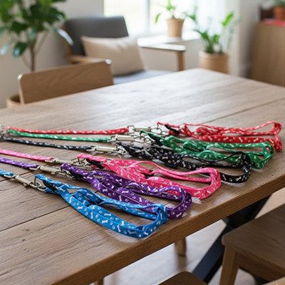 Aperçu de la gamme de laisses Stella pour chien aux motifs variés : rouge, rose à motifs os, bleu ciel, camouflage et noir, disposées sur une table en bois.
