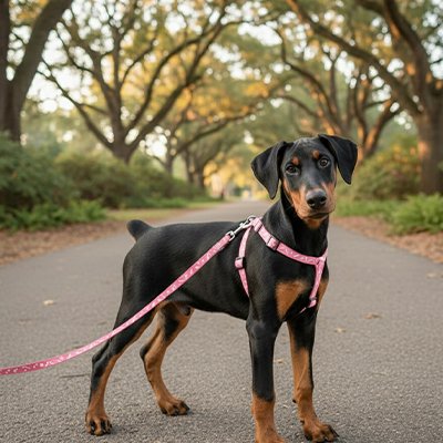 Laisse et harnais pour chien Stella bleu ciel avec motifs os blancs, présentant le clip de sécurité en métal et la sangle ajustable pour petits et moyens chiens.