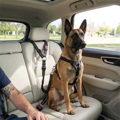 Un chien de race Malinois assis sur le siège arrière d'une voiture, attaché en toute sécurité avec une laisse ceinture de sécurité noire reliée à son harnais.
