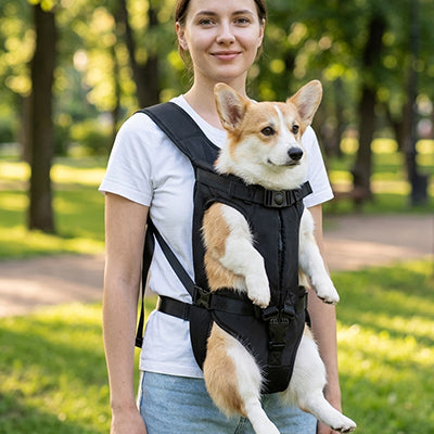 Chien de race Corgi confortablement installé dans un sac de transport ventral noir, porté par une femme en extérieur dans un parc.