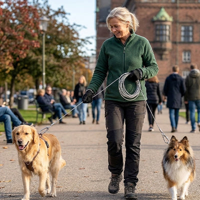 Femme utilisant la longe en acier blanc pour promener deux chiens en ville, illustrant la légèreté et la maniabilité de la laisse de rappel même avec plusieurs animaux.