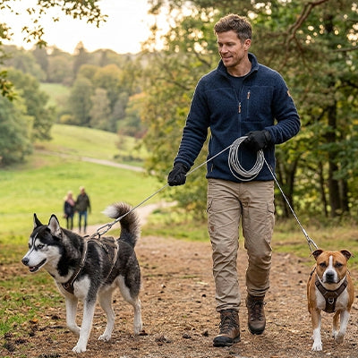 Homme en randonnée avec un Husky et un Boxer utilisant la longe en acier blanc, démontrant la résistance de la laisse pour la promenade de plusieurs chiens en pleine nature.
