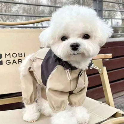 Petit chien blanc à poil frisé (type Bichon) assis sur une chaise en bois, portant la combinaison imperméable Petit Moussaillon beige et gris foncé.