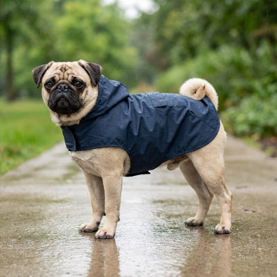 Petit chien de race Carlin debout à l'extérieur sur un sol mouillé, portant le manteau imperméable Marcus bleu marin.