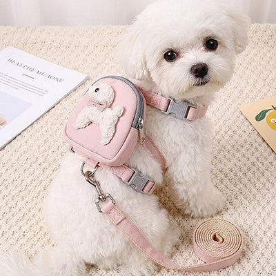 Harnais sac à dos rose pour petit chien, ensemble laisse et harnais WOOFit design mignon, idéal pour les sorties citadines, boutique Pitou et moi.