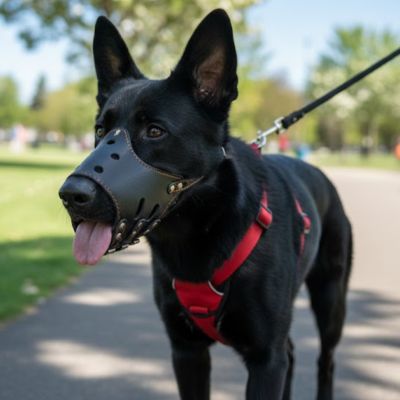 Muselière noire en cuir pour chien de type Berger, modèle Muzzle-Flex ajustable et confortable pour la sécurité en promenade, boutique Pitou et moi.