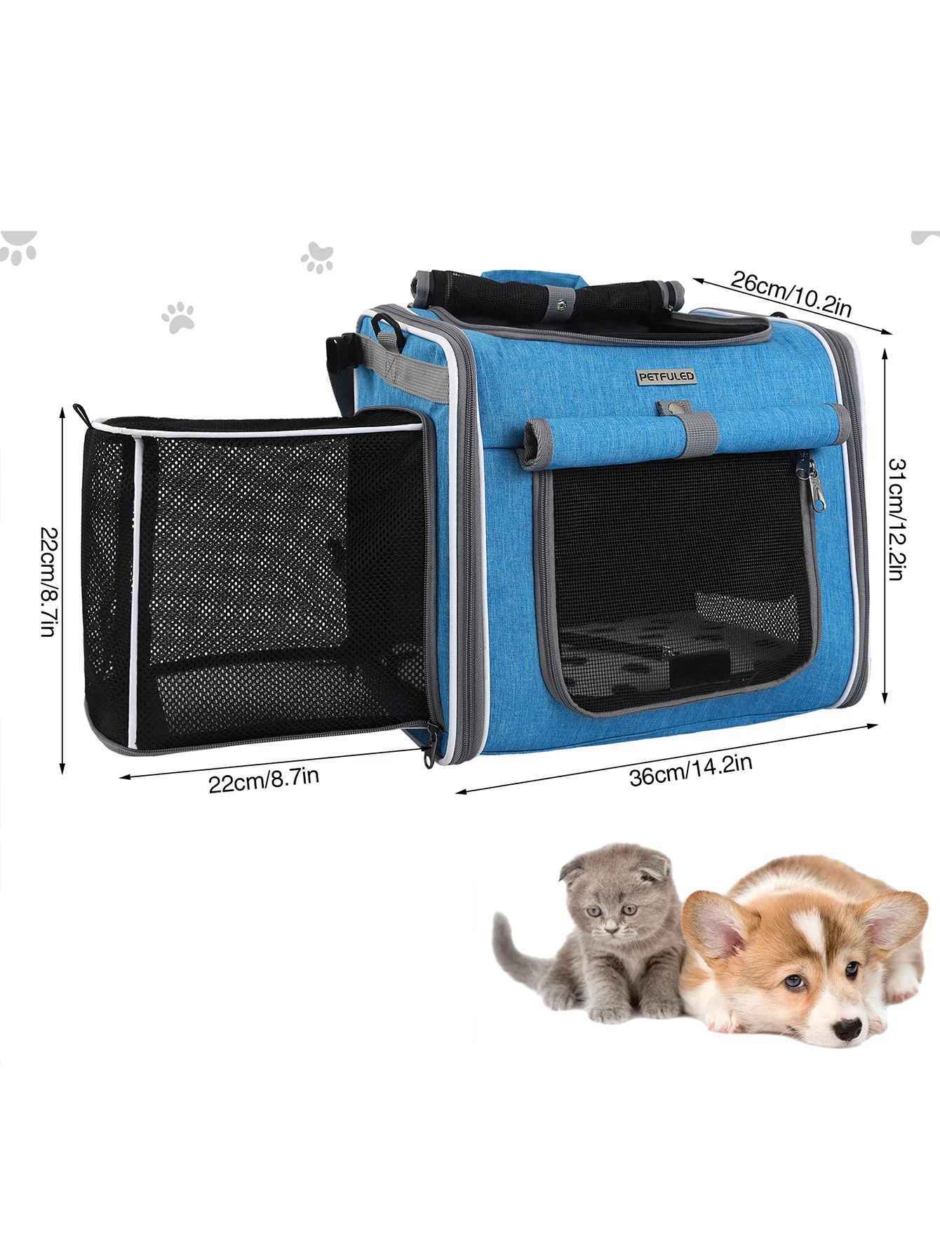 Panier de transport bleu pour petit chien et chat, sac extensible avec mesures détaillées, idéal pour le guidon de vélo, conception respirante et sécurisée, boutique Pitou et moi.